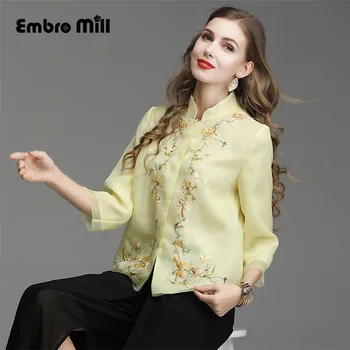 

autumn The New Retro Standing collar Organza coat folk-custom embroidery Single Breasted womens top S-2XL
