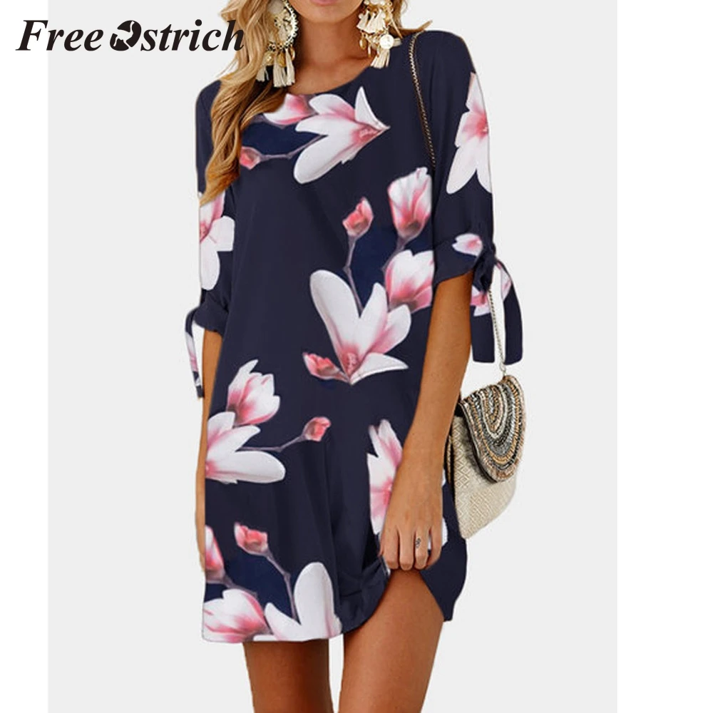 

Free Ostrich 2019 Womens Floral Print Bowknot Sleeves Cocktail Mini Dress Casual Party Dress Half Sleeve Blue Simple Mini Dress