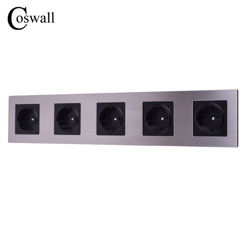 

COSWALL 16A EU Standard Quintuple Outlet Luxury 5 Way Power Wall Socket Stainless Steel Panel 415mm*86mm AC 110~250V