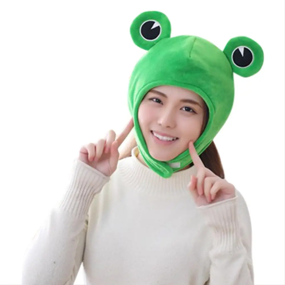 

Green Frog Hat with Ear Soft Plush Toy Animal Cap Headgear Funny Emoji Beanies Skullies Women Hat Stage Role Play Props