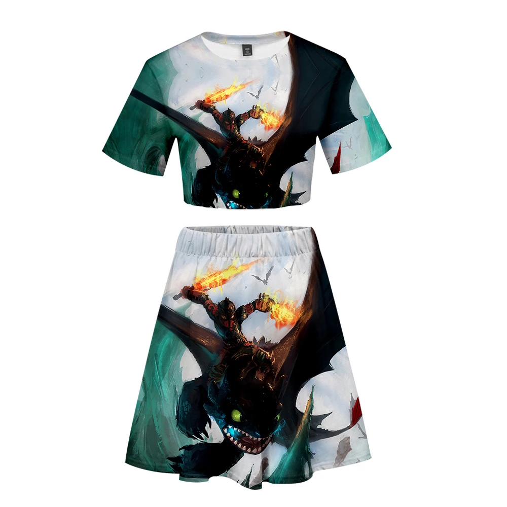 

How to Train Your Dragon Kawaii 3D Two Piece Skirts sets Cartoon Summer Women sexy Clothes 2019 New Hot Casual Harajuku XS-2XL