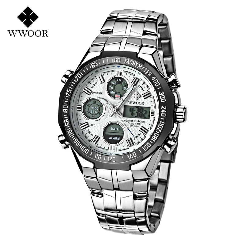 

WWOOR Men's Quartz Watches Digital Luminous Analog Display Watch Stainless Steel Calendar Man Wristwatches Montre Homme 8019