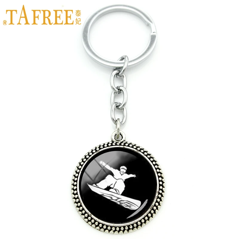 

TAFREE Snowboarding keychain glass cabochon sports silhouette snowboard art pendant key ring jewelry chaveiro friends gift KC603