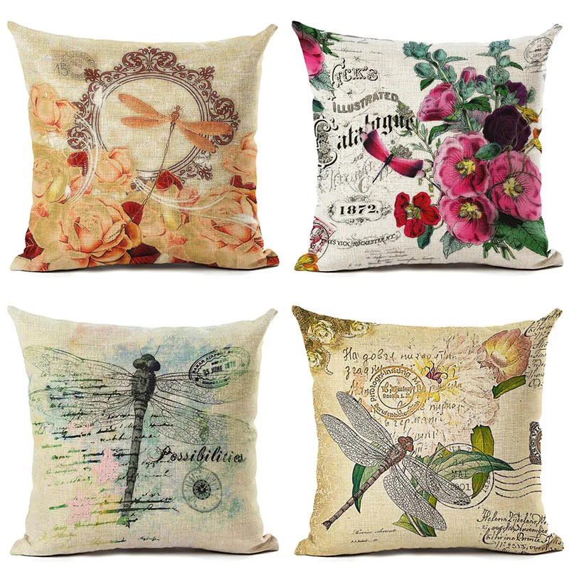 

Vintage Style dragonfly Series Cushion Cover Cotton Linen Pillow Cover Decorative Chair and Waist Square 45X45cm Pillowcase