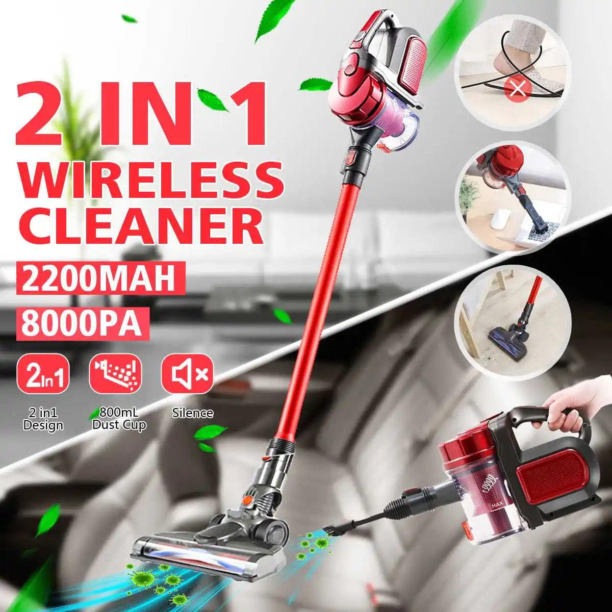

Wireless Cleaner 2 Level Adjust Hand Vacuum Cleaner Cyclone Dust Collector 2200mAh Lithium Battery Cordless Vacuum Cleaner Red