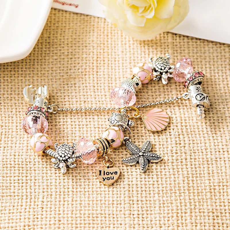 Hot Ocean Tibetan Silver Charm Bracelet Bangle for Women Romantic Pink Shell Crystal Bracelet Heart Turtle Beads Bracelets Gift