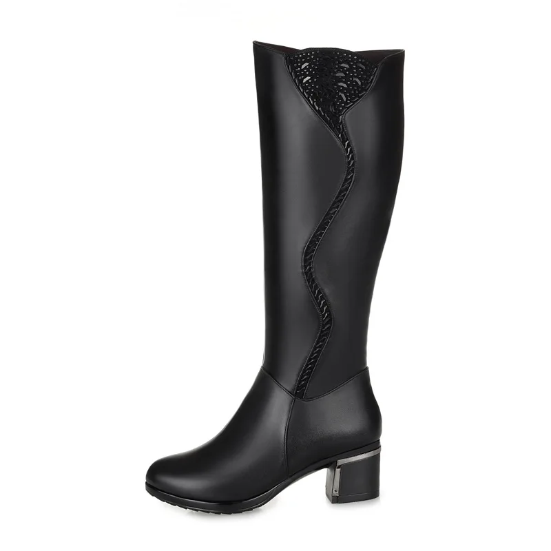 

Charming Women Autumn Winter Genuine Leather High Boots Fashion Ladies Low Heels Woman Round Toe Shoes Womens Black Boots