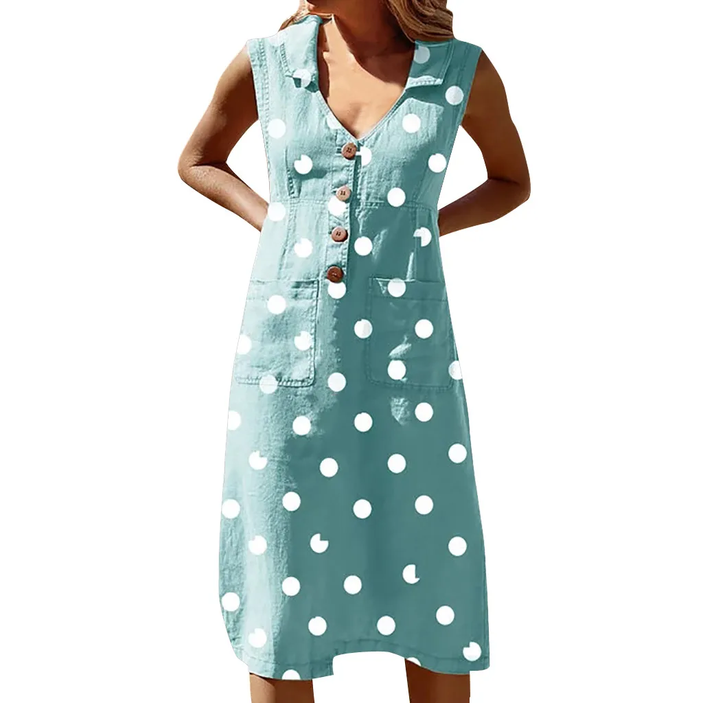

CHAMSGEND dress summer women dress femme summer 2019 long dresses Elegant Dot Print Boho Turn-down V-neck Button Pocket G0425#10