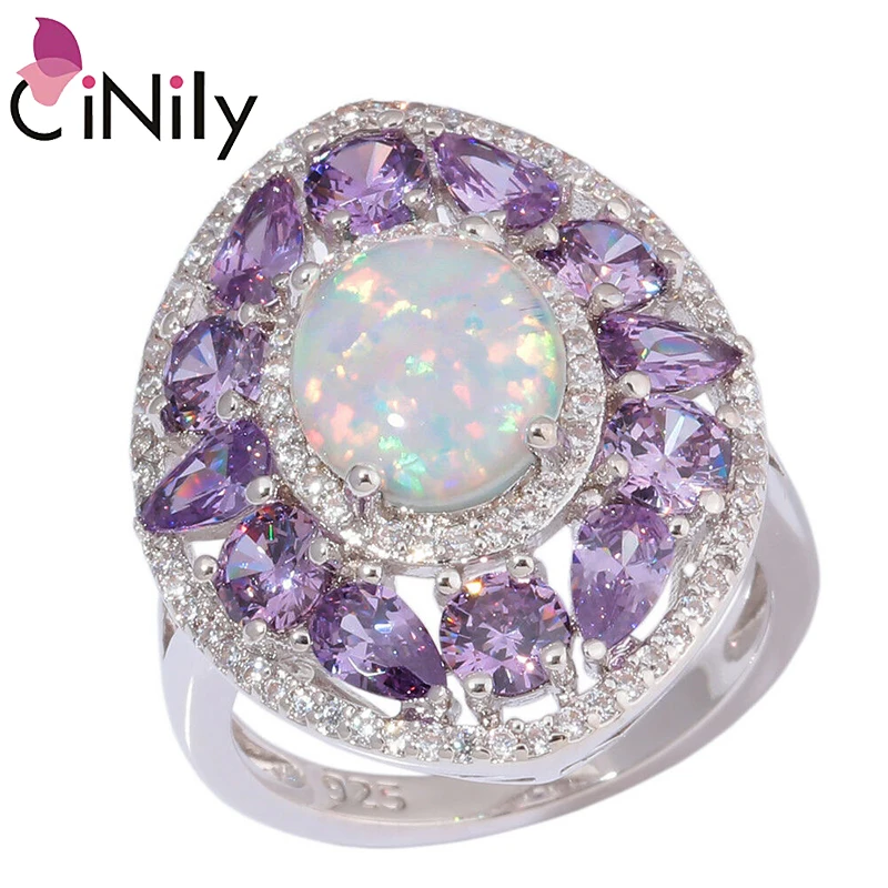 

CiNily White Fire Opal Luxury Large Filled Rings With Stone Silver Plated Violet Lilac Purple Zirconia Cocktail Fully-Jewelled