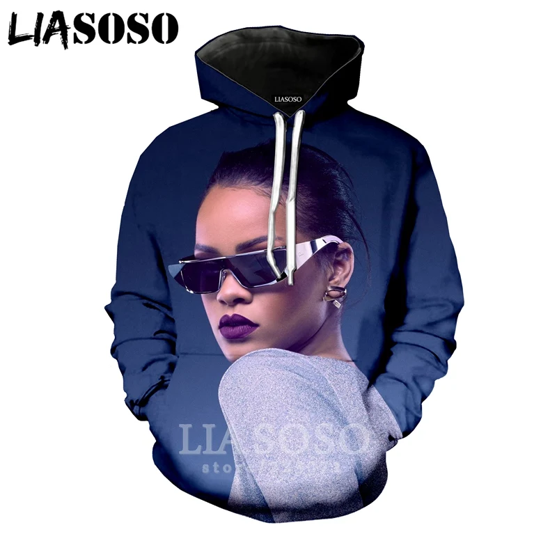 

LIASOSO Winter New Men Women Fashion Sweatshirt 3D Print Singer Rihanna Hoodie Long Sleeve Top Round Neck Loose Pullover B093-09