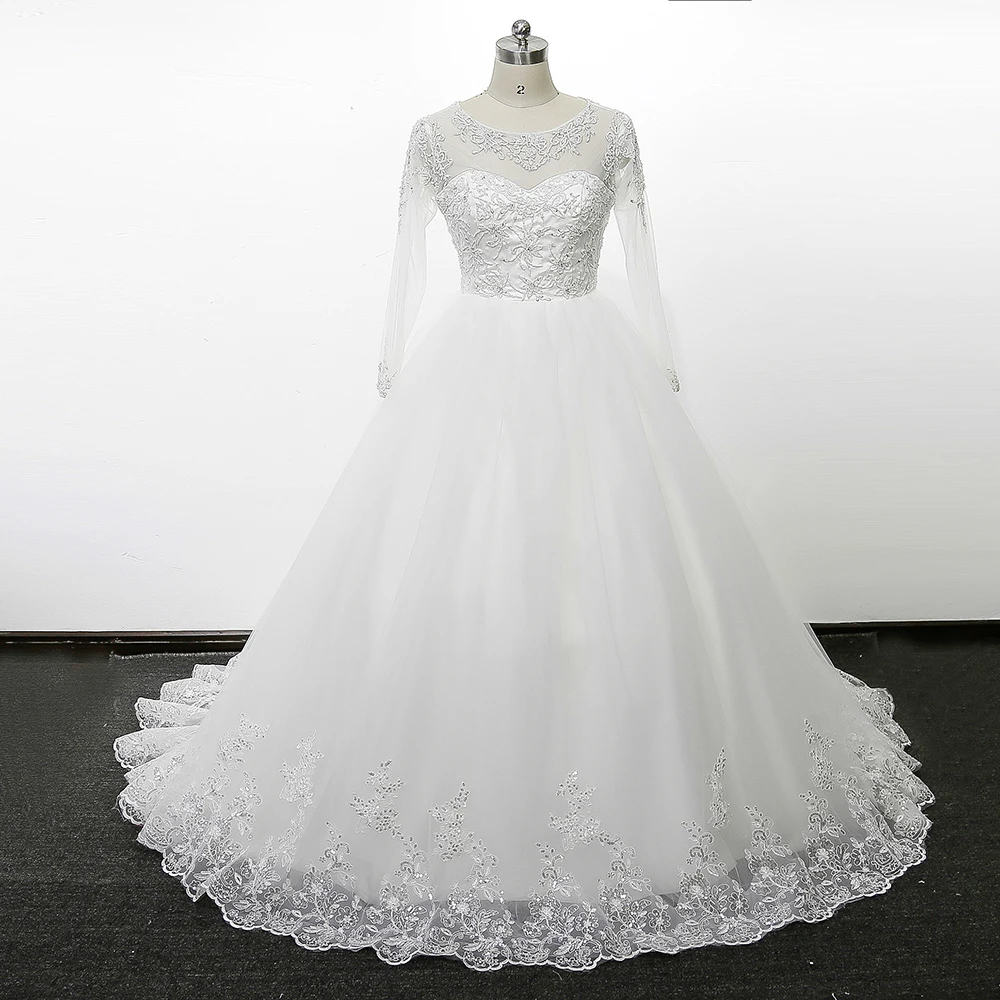 Rhinestone Long Sleeve Islamic Wedding Dress Beaded White Debutante Ball Gowns Lace Bride 