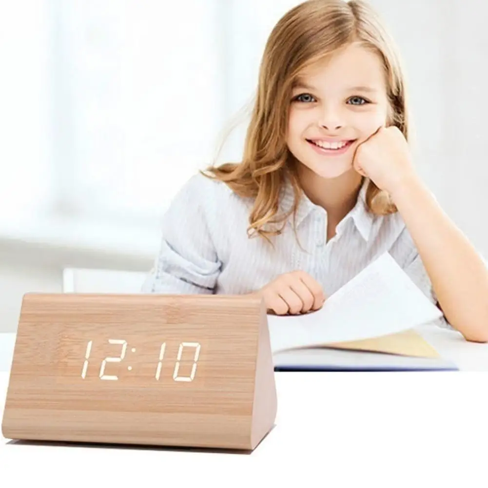Saat Creative Digital Clock Wooden Electronic LED Time Display Temperature Detect For Bedroom Alarm | Дом и сад