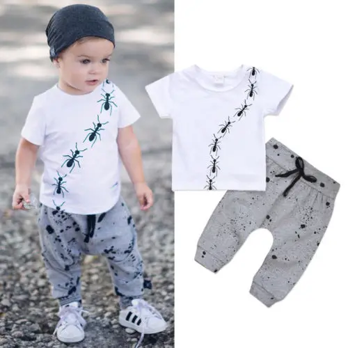 Summer Baby Boys Short Sleeve Pattern Print Tops Pants Outfits 2Pcs Set Clothes 0-24M |
