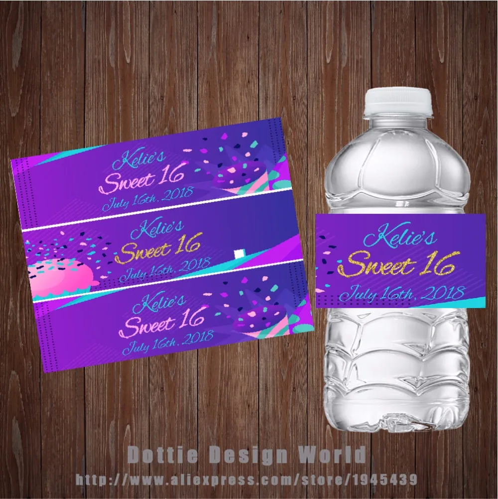 Us 8 09 40 Off 20 Pcs Lot Sweet 16 Sixteen Purple Water Bottle Labels Candy Bar Wrapper Sweet 16 Birthday Party Favor Decoration Sticker Gifts In