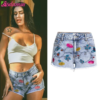 

ESDAMIER Women Summer Floral Embroidery Denim Shorts Women Mid Waist Flower Embroidered Shorts Casual Short Jeans Female