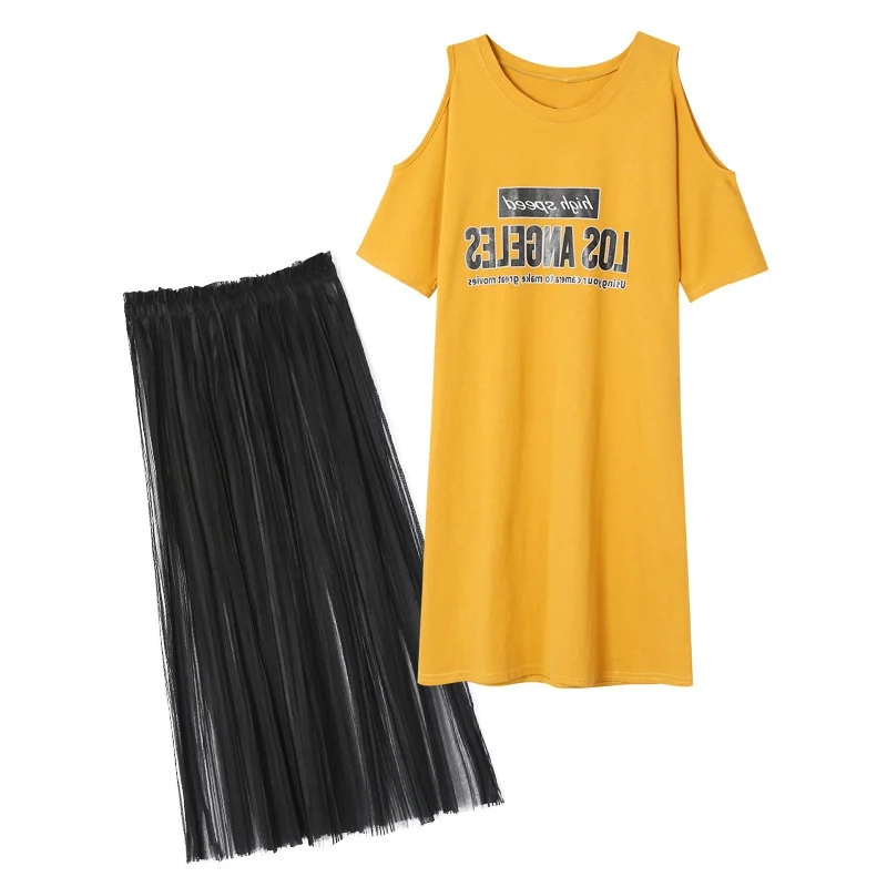 Модная женская футболка с круглым вырезом и принтом цифр, короткий рукав, футболка с открытыми плечами, платье+ юбка в сеточку, комплект из двух предметов