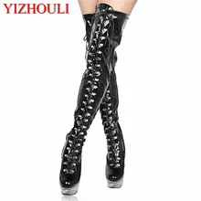 Женские сапоги выше колена на ультравысоком каблуке 15 см, с передним ремешком, на шесте, танцевальная обувь высокие сапоги до бедра мотоциклетные сапоги