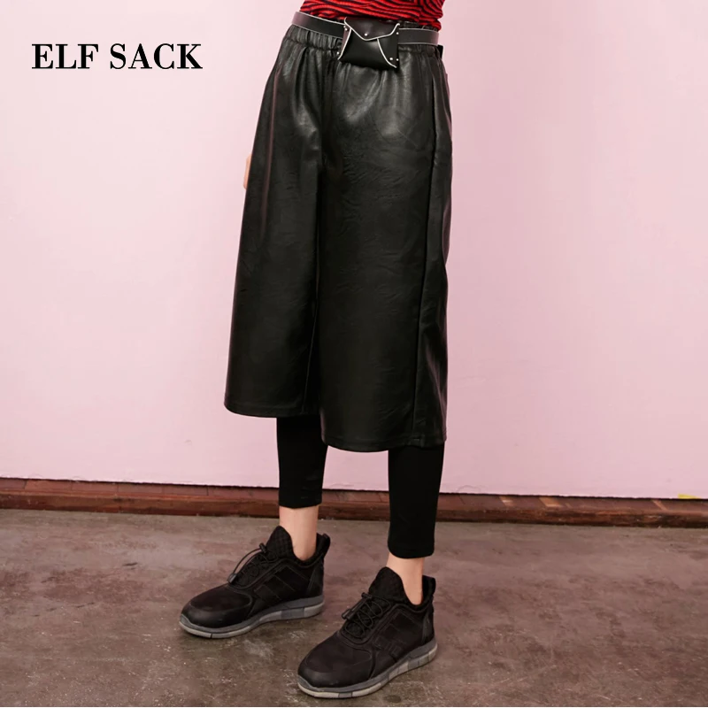 ELFSACK осенние брюки костюмы, искусственная кожа короткие и леггинсы, черные повседневные свободные женские широкие брюки