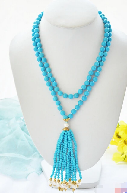 

Jew2754 40" 8mm blue turquoise bead white round pearl necklace NEW