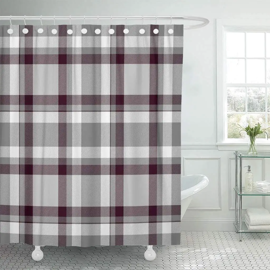 

Shower Curtain with Hooks Traditional Scottish Grey Tartan Pattern with Claret Stripe Made for Kilt Bandana Decorative Bathroom