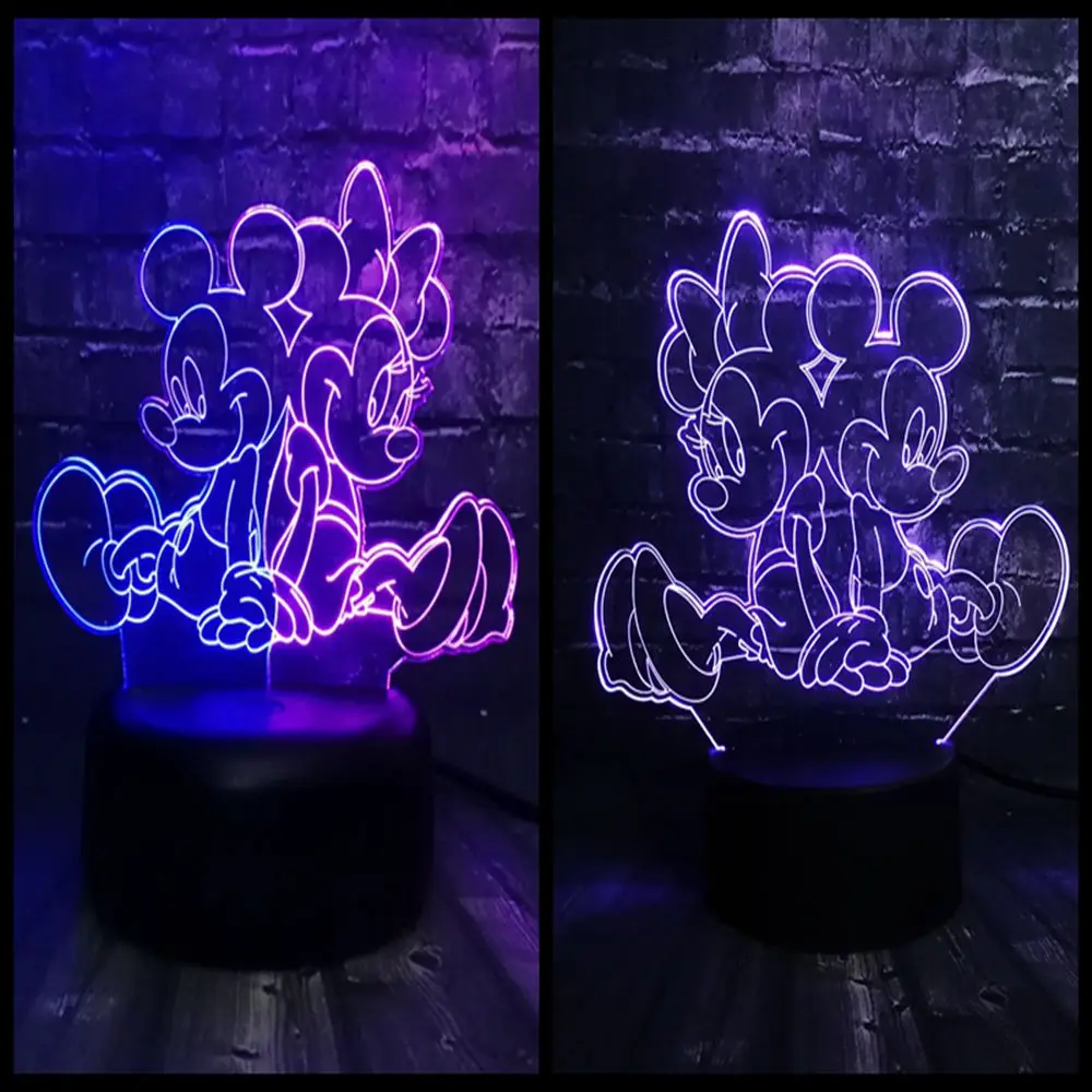 Novel 7 Mixed Color Cartoon Acrylic Mickey Minnie Mouse Led Usb