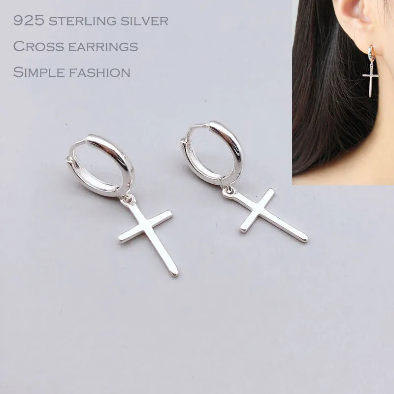 S925 Sterling Silver High Polished Chain Cross Drop Earrings 