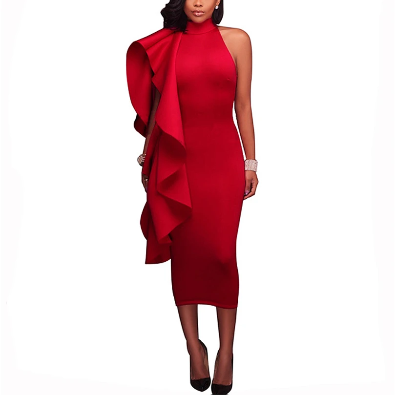 red bodycon dress with frill at bottom