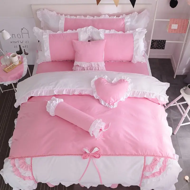 4/6/8pcs Korean Style Princess bedding set 100 Cotton Pink girls