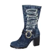 Mais novo Mid-calf Mulheres Moda Especial Sexy Denim Sapatos Botas de Saltos Quadrados Causul e Moderno