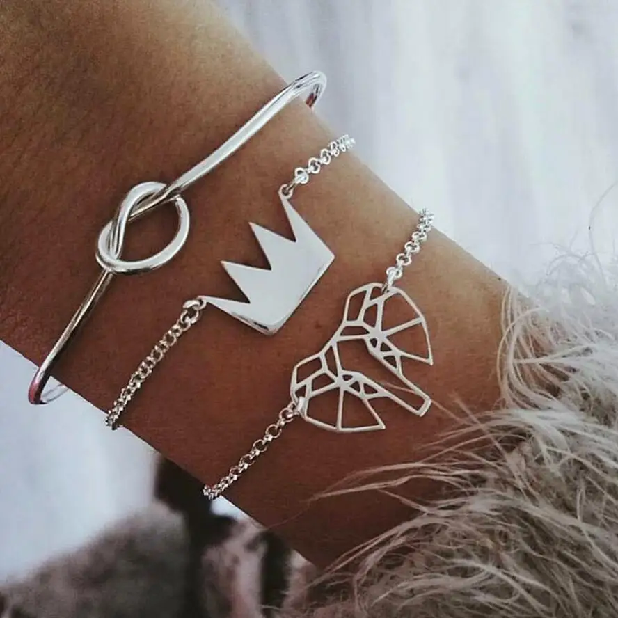 

3 Pcs/set Silver Color Charm Bracelet Set Women Knot Crown Hollow Metal Elephant Link Chain Open Cuff Bangle Jewelry Accessories