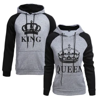 

King Queen Letter Crown Print Sweatshirt Women Long Sleeve Lovers Hooded Sweatshirt Casual Pullovers Valentine's Day Unisex 2019
