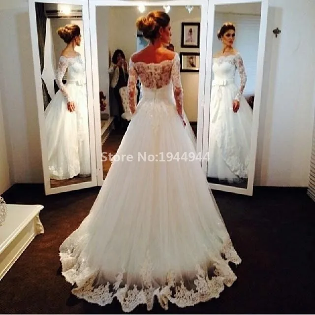 169 A line Illusion Long Sleeve Wedding Dresses Bateau White Lace Applique Bridal Gown Backless 2015 Custom Made Wedding Dresses