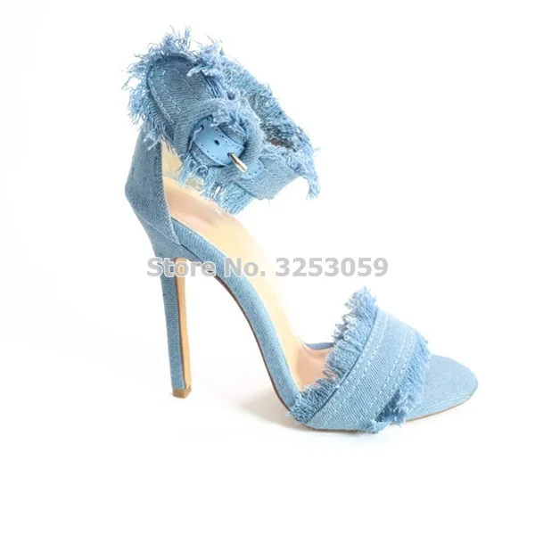 Sandal Tipis High Heel Denim Terbuka 