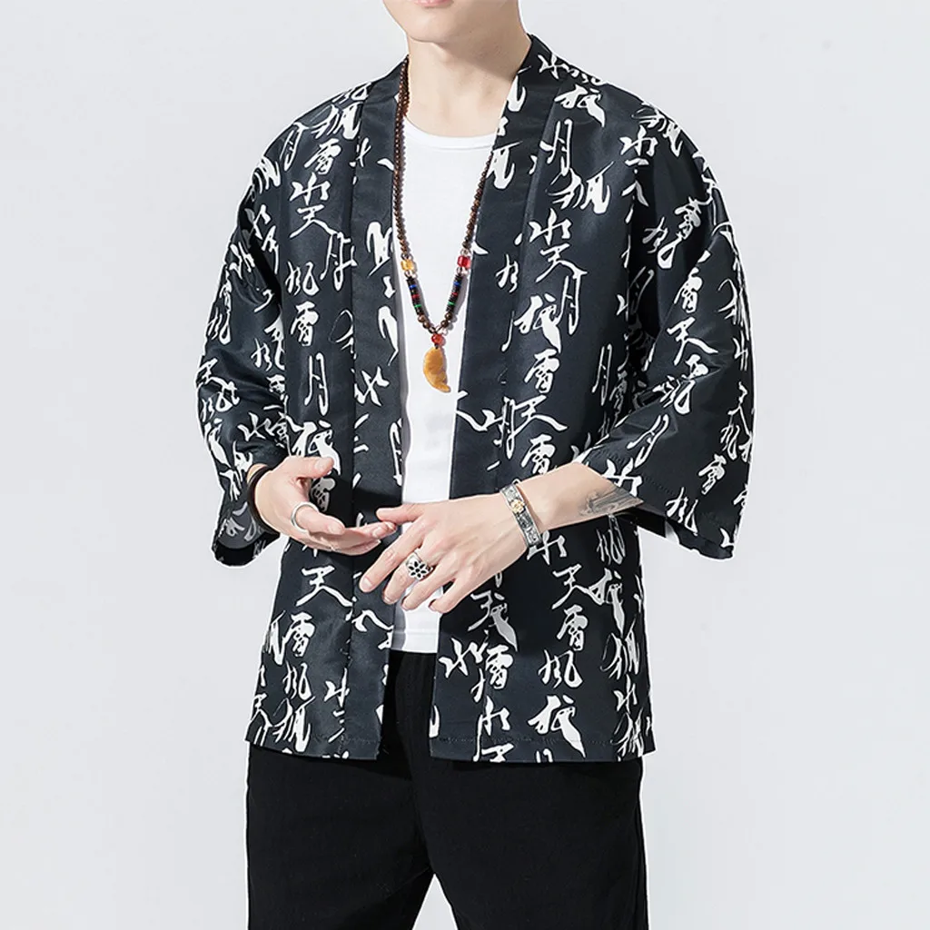 

Summer large size Men's Hawaiian Shirt Fashion Mens Cardigan National Print Loose Jacket Yukata Coat Baggy Tops Summer plus size