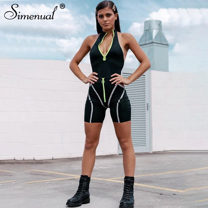 Skup Simenual Casual sportowe damskie zestawy dwuczęściowe odblaskowe paski Zipper stroje body i wyciąć zestaw szortów Streetwear Fashion