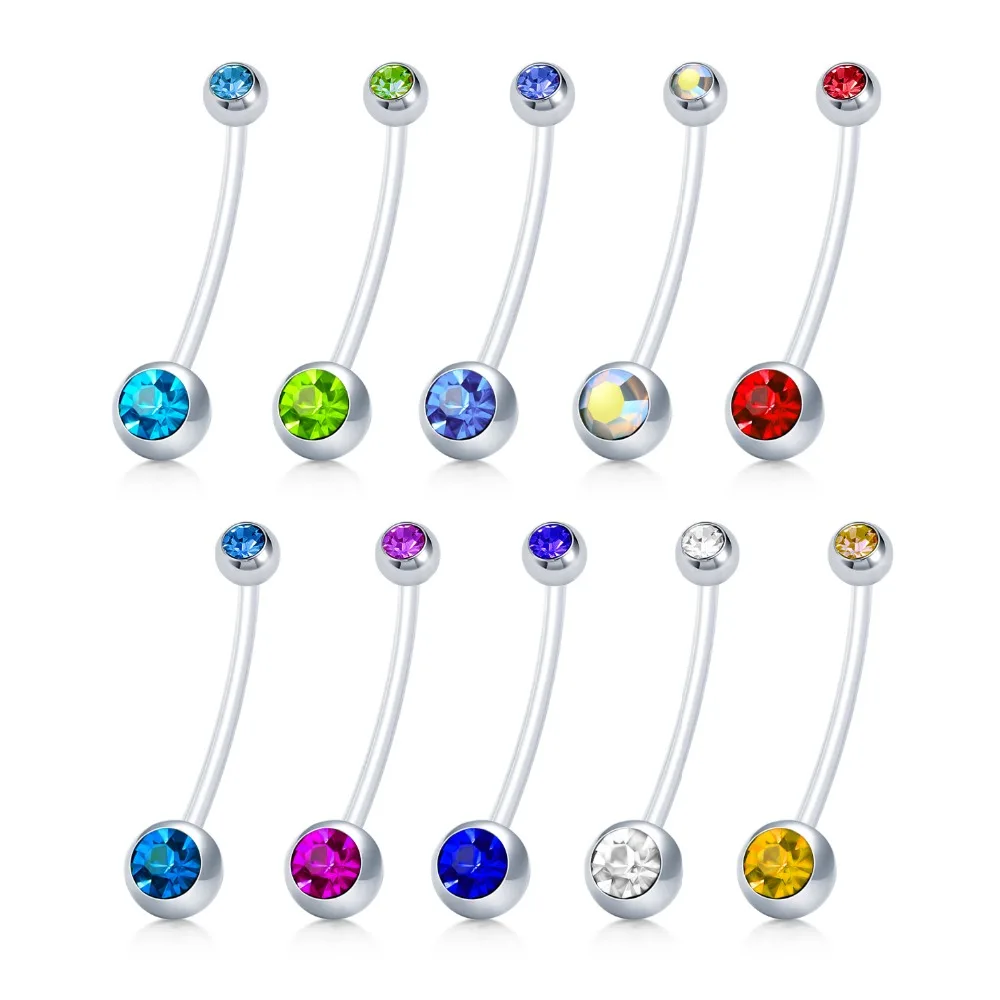 

Pregnancy Flexible Bioflex Belly Rings Shining CZ Ball Navel Bar Retainer 14G 1.6mm, 1 1/2 Inch length