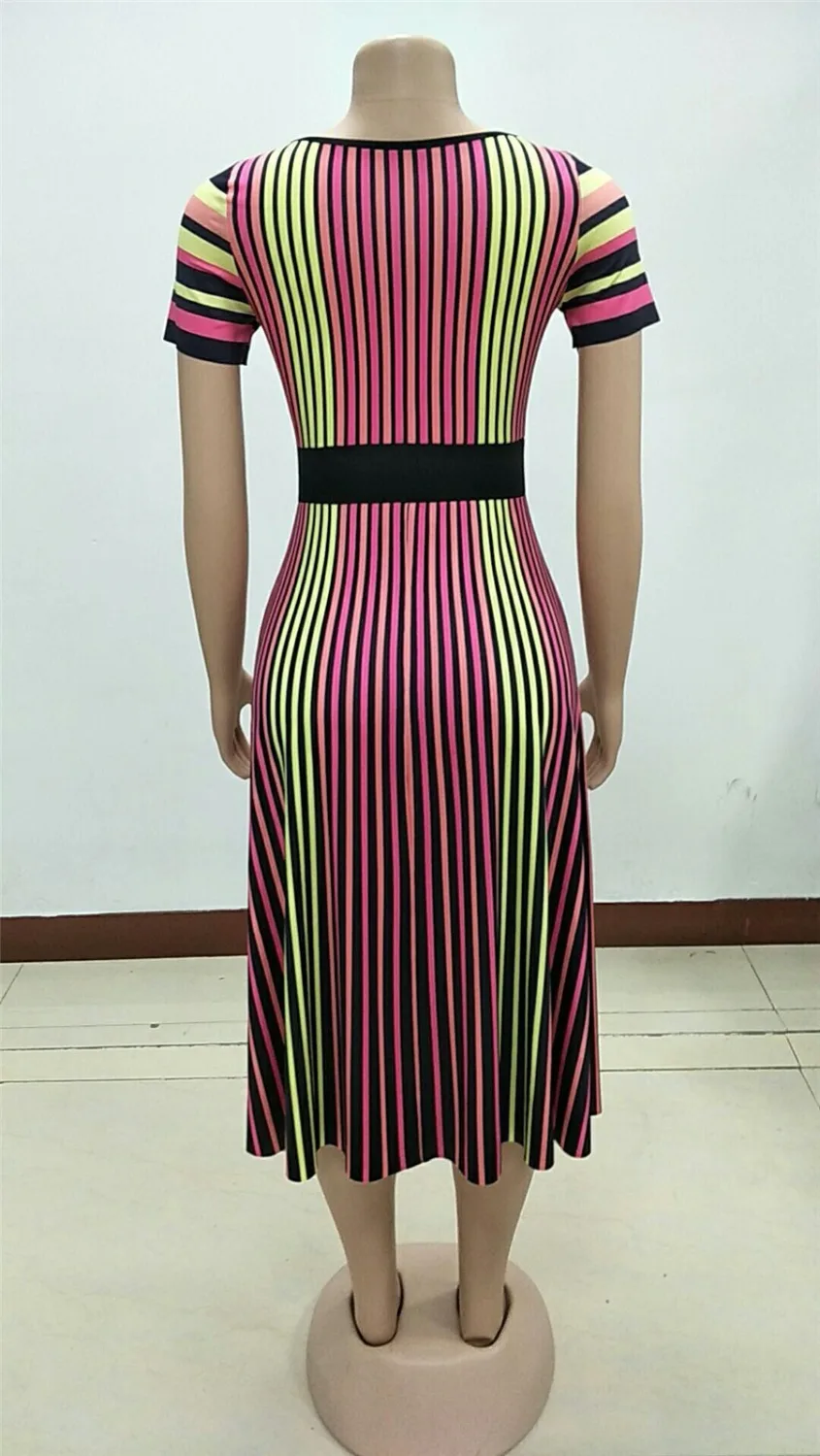 BAIBAZIN African Clothing Fashion Sexy European and American Color Stripes Short Sleeves Round Neck Slim Waist Long Skirt