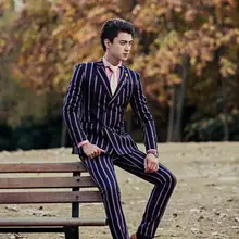 Blazer men formal dress latest coat pant designs suit men costume homme terno blue stripes marriage wedding suits for men’s