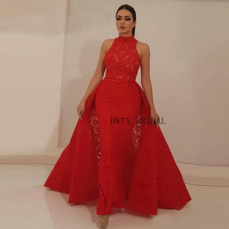 

Arabic Red Lace Evening Dress With Detachable Skirt 2019 Yousef Aljasmi High Neck Sexy Mermaid Dubai Long Formal Evening Gown