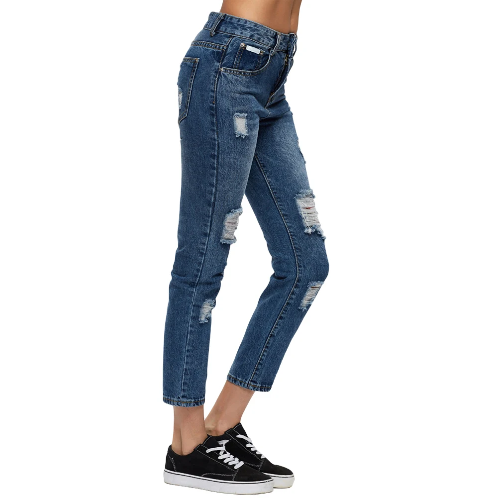 Мода г. Рваные джинсы для Для женщин Denim Boyfriend Джинсы для женщин рваные карман на молнии Высокая талия прямо Брюки для девочек XL Мотобрюки синий