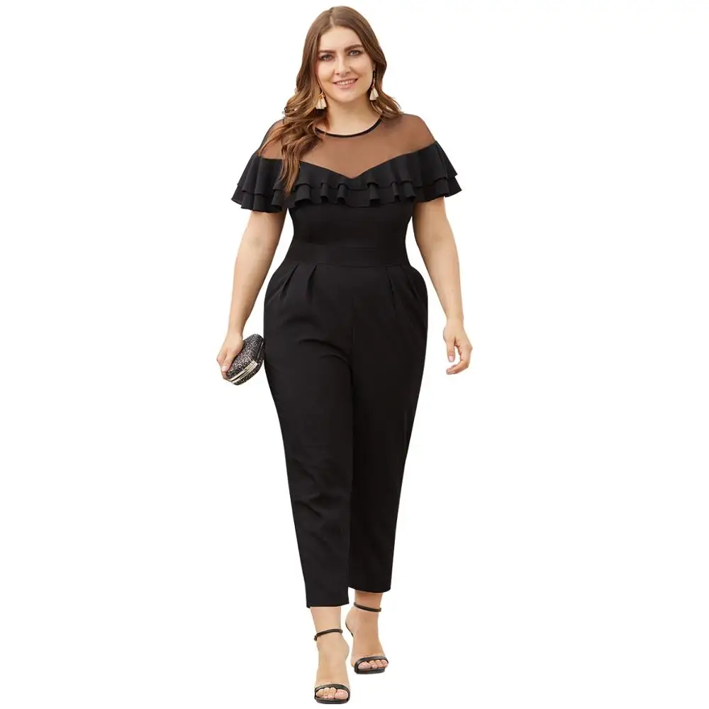 Mesh Patchwork Double Flounce Short Sleeves Collect Waist Jumpsuit Mesh Patchwork Double Flounce Short Sleeves Collect Waist Jumpsuit