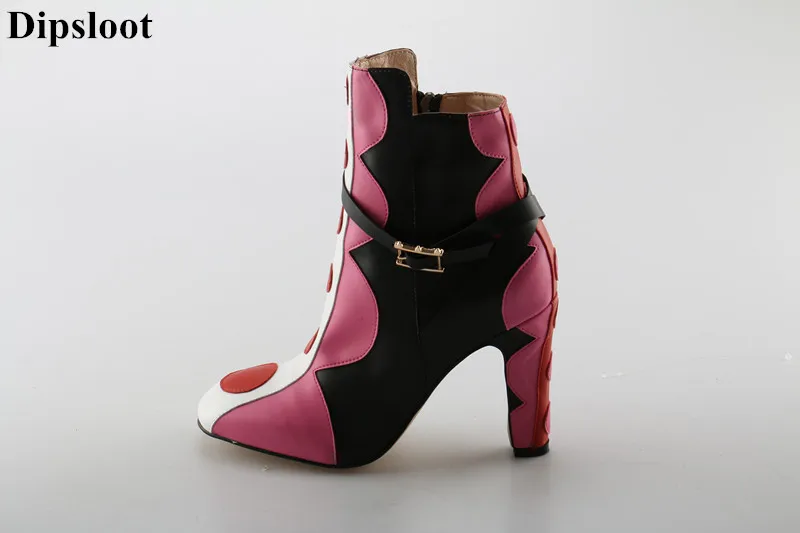 

Dipsloot Woman Fashion Mixed Color Side Zipper Ankle Boots Girls Square Toe Short Boots Chunky Heels Dress Party Shoes Woman
