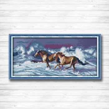 

Two galloping horse in the snow animal Painting Counted Print on Canvas DMC 14CT 11CT Cross Stitch Needlework Kit Embroidery Set