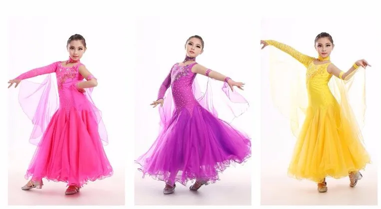 Элегантное ярко-розовое, фиолетовое, желтое детское платье для вальса, танго, латинских, бальных танцев, для соревнований, стандартное бальное платье для девочек