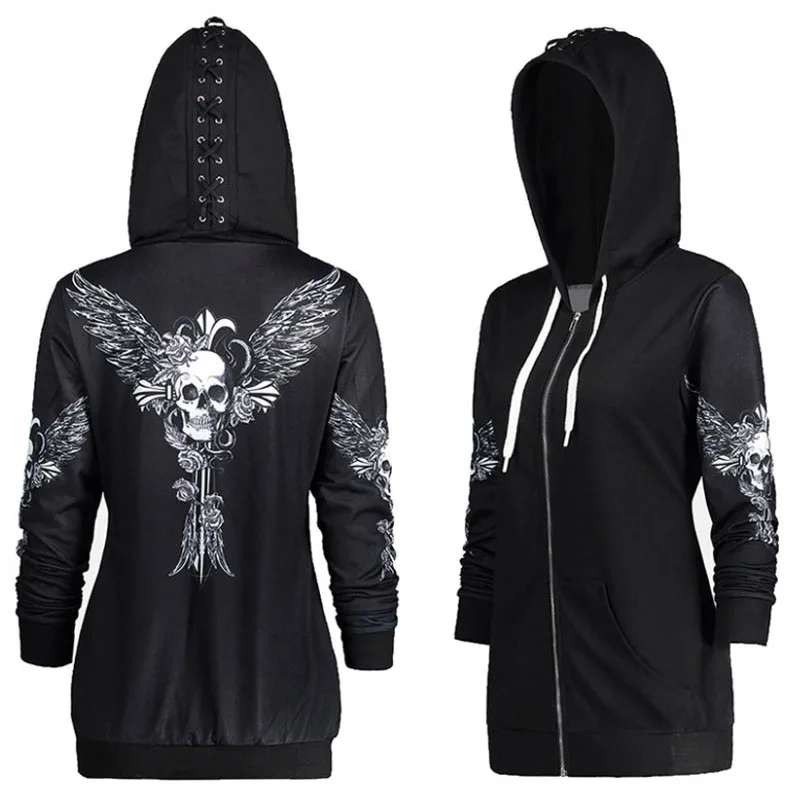 2018 Casual Unisex Skull Coat Sweaters Gothic Punk Zip Hoodies Jacket Sweatshirt