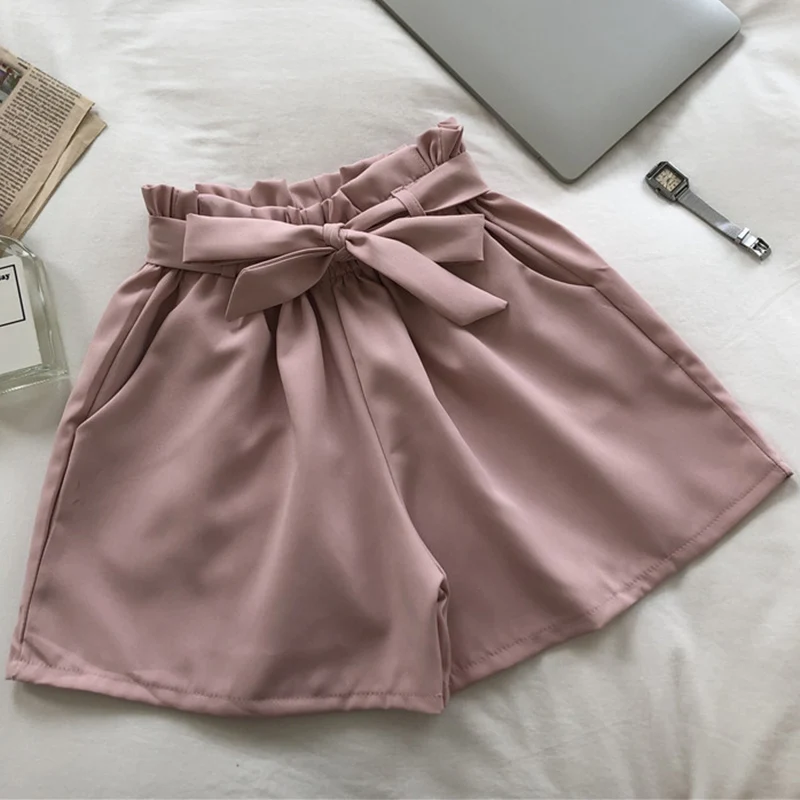 

2019 Summer Elastic High Waist Shorts Women Korean Style Cute Bow Belt Shorts Female Casual Short Pants Ladies Black Pink