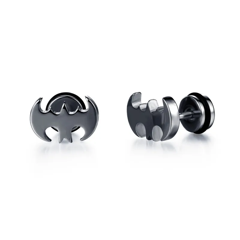 

Men's Batman Super Hero screw Stud Earring black Bat Stainless Steel earrings titanium silver gold metal bar party male jewelry