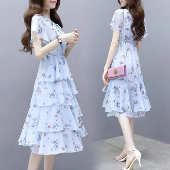 

New summer dress of 2019 Korean version printed chiffon dress with long style and thin fragmented cake Dress