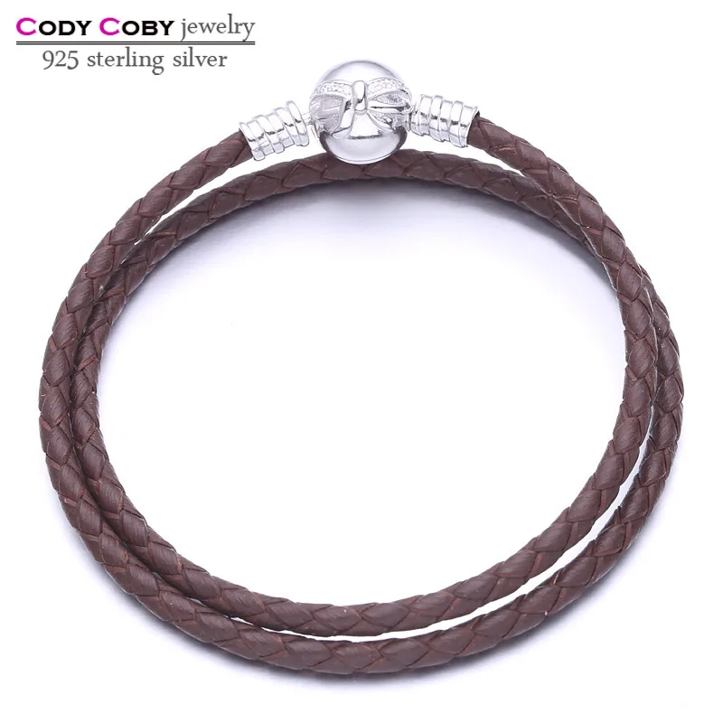 

Double Brown Leather Knot Charm Bracelet With 925 Sterling Silver Bow Clasp Bracelets For cody coby charms Women Men berloques