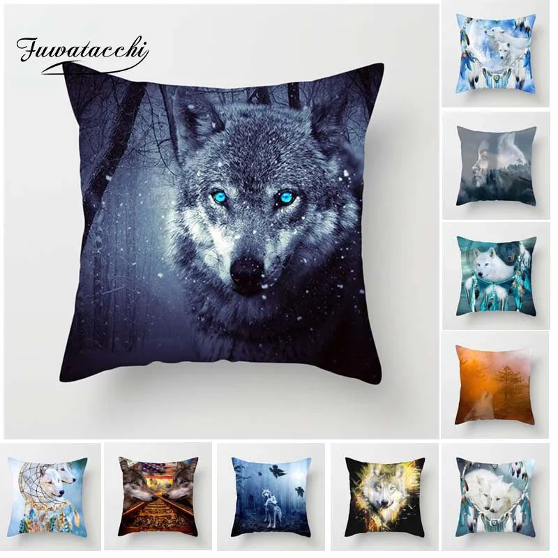Fuwatacchi Ferocious Wolf Cushion Cover Wolf Howl Moon Pillow Cover For Home Chair Wolf in the Forest Decorative Pillows 45*45cm